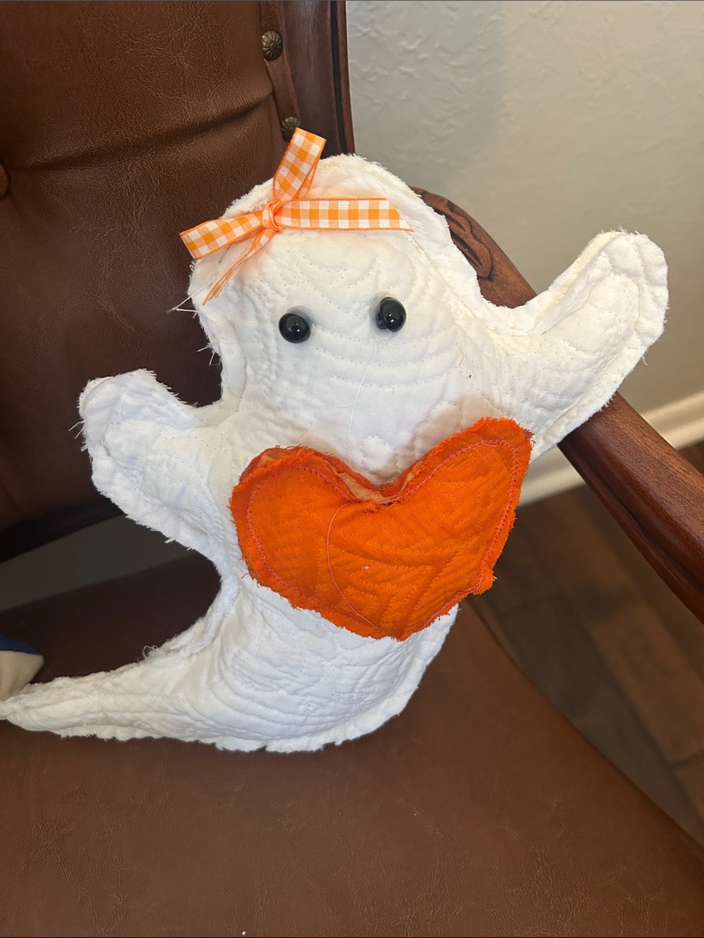 Handmade White Ghost Plush with Orange Heart and Bow